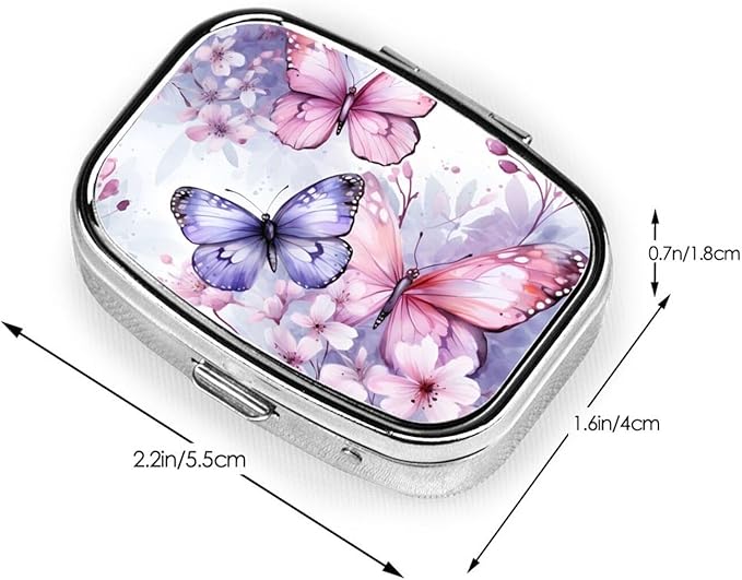 Watercolor Butterfly Flowers Pill Box with Mirror 2 Compartment Metal Square Small Pill Case for Purse Pocket Portable Pill Container Holder Travel Medicine Organizer for Vitamin Fish Oil Supplement