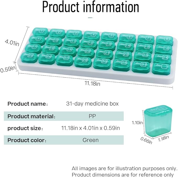 Monthly Pill Organizer, Large Travel Pill Box 31 Day, Daily Pill Case, Pill Holder Container for Vitamin, Medicine, Supplement, Fish Oil, Green