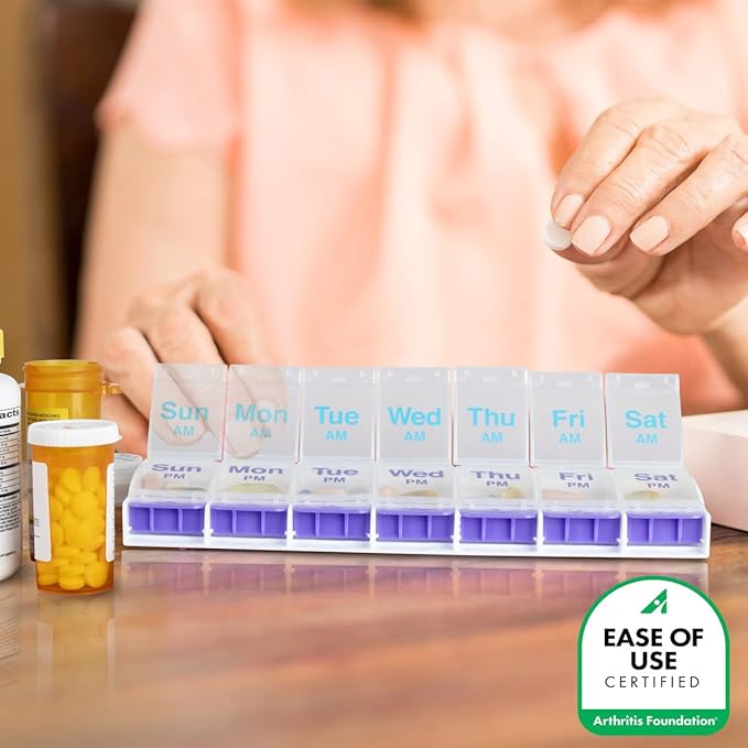EZY DOSE Weekly (7-Day) Pill Case, Medicine Planner, Vitamin Organizer Box, 2X-Large Push-Button Compartments, Color May Vary, BPA Free