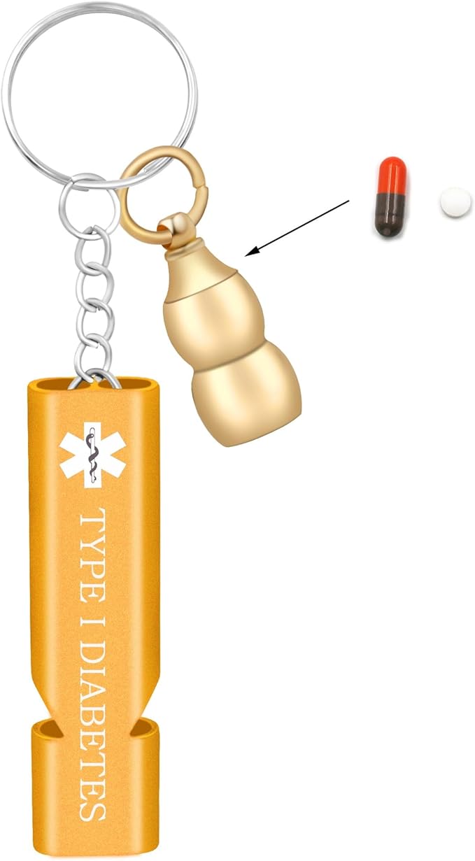Laser Engraved I Type Diabetes Brass Gourd Pill Storage Case Keychain with Attached Orange Emergency Whistle Design – Waterproof Alert Organizer for Travel, Fitness, and Everyday Use