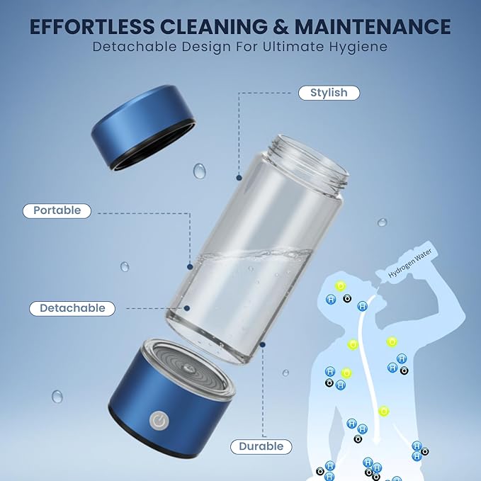 Hydrogen Water Bottle, Portable & Rechargeable – Molecular Hydrogen Water Generator, Alkaline Ionizer, Hydrogenated Water Purifier for Health & Fitness with Hydrogen-Rich Water Blue