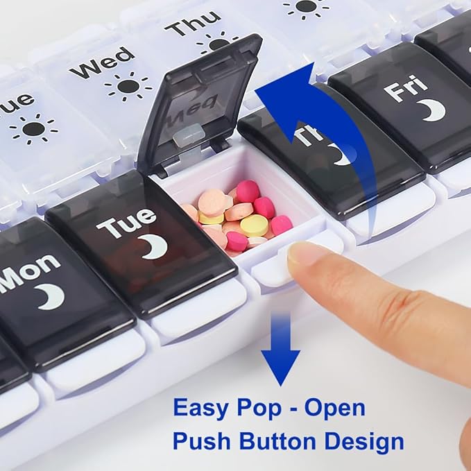 HRX Package Pill Organizer 2 Times a Day, Easy Fill & Open Weekly Medicine Box Vitamin Cases for 7 Day AM PM