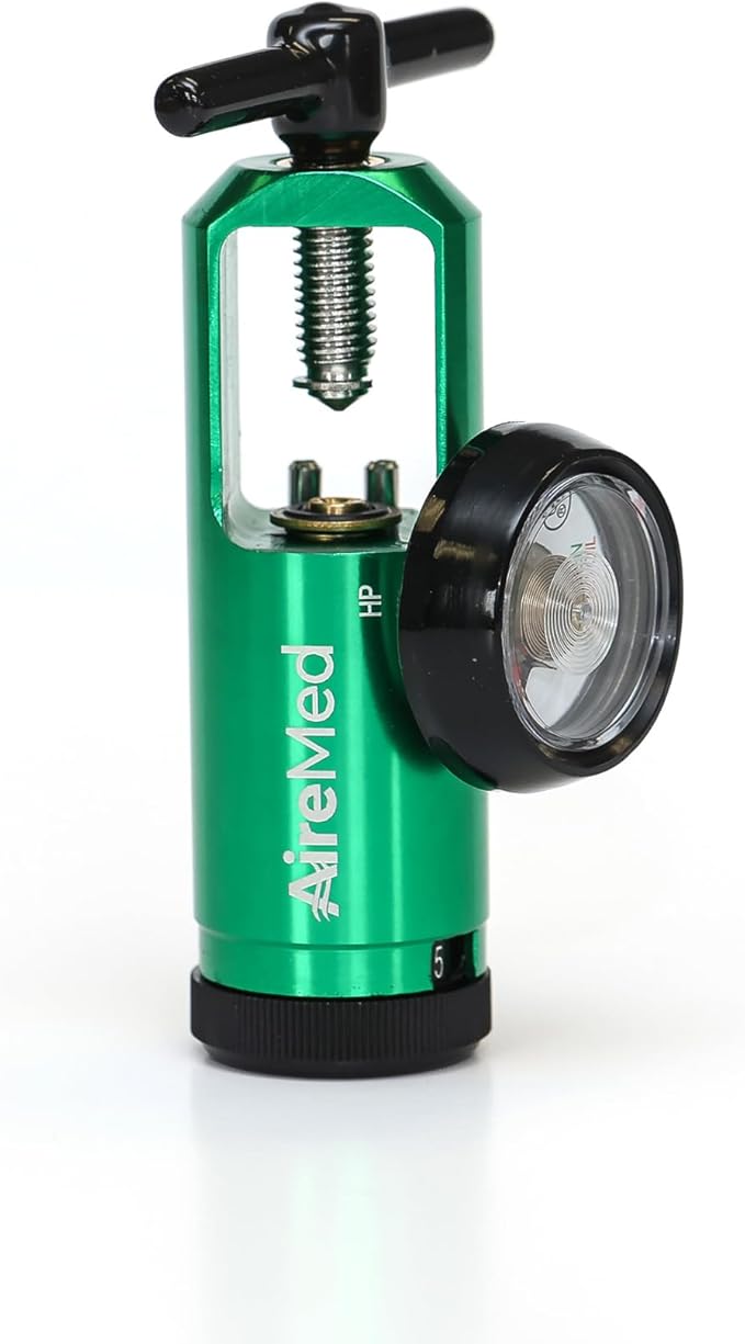 AireMed Oxygen Regulator 0-15LPM, CGA-870 Gauge Flow Rate – Includes Wrench Key, 5 Brass Yoke Washer Seals, and 2 Oxygen Tubing Swivel Connectors - Ergonomic Handle Design – Green