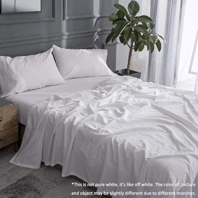 Simple&Opulence Belgian Linen Sheet Set Solid Color - 3 Pieces (1 Flat Sheet, 1 Fitted Sheet & 1 Pillowcase) Natural Flax Cotton Blend Soft Breathable Farmhouse Bedding - Twin Size, White