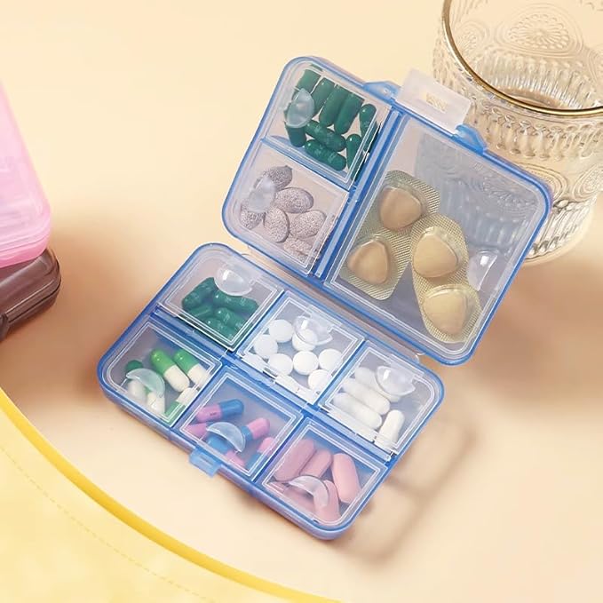 Travel Medicine Pill Organizer, Daily Pill Box Purse Pocket, Weekly AM PM Medication Reminder Planner, Cute Pill Holder Container Portable Compact Vitamin Supplement Capsule Dispenser, Blue