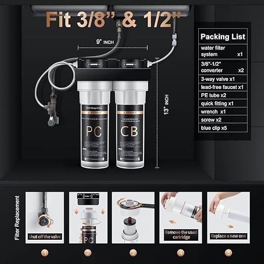 Wingsol Under Sink Alkaline Water Filter with Faucet, 2-Stage Water Filter System Reduces Heavy Metals, Chlorine, Sediment, Improves pH and Taste, Remineralization, NSF 42&53 Certified