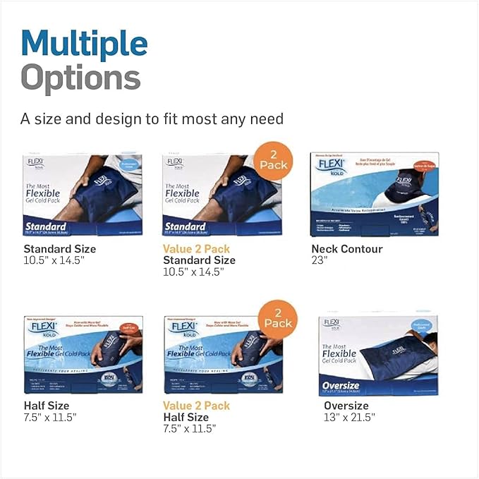 FlexiKold Standard, Half Size, Oversize and Neck Gel Ice Cold Packs - Sizes: Large, Small, X-Large, and Neck
