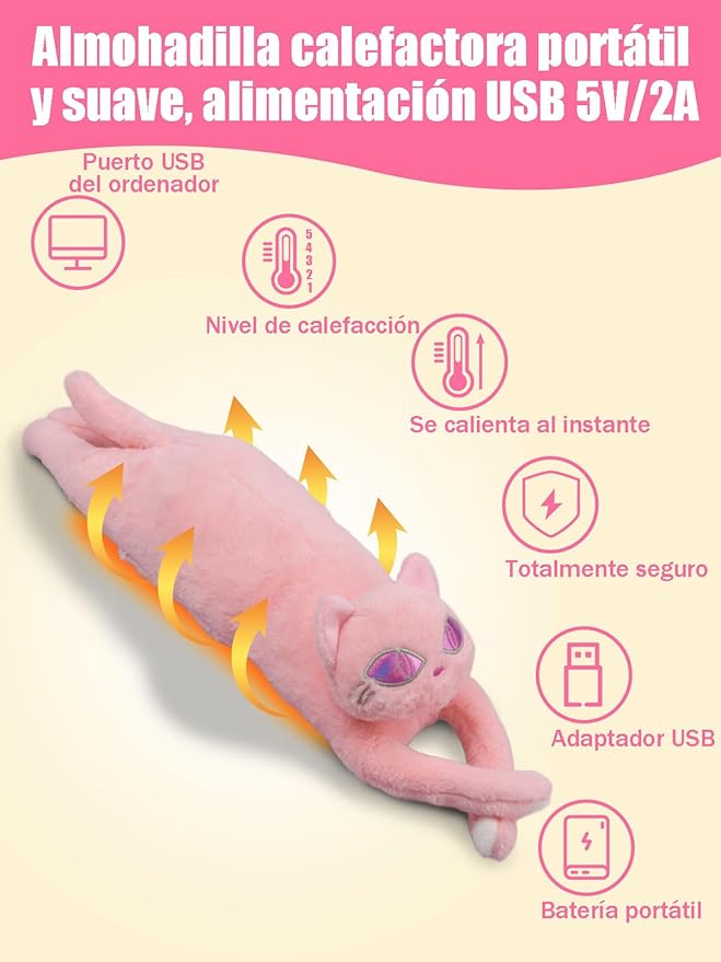 Cat Heating Pad for Period Cramps 5 Heat Settings Auto Shut Off USB Portable Electric Heat Pad Soft Thick Fuzz Stuffed Animal Cute Kitty Warmer for Body Pain Relief Comfort Accompany Help Relax Gift