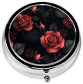 Metal Pill Organizer - 3-Compartment Mini Round Pill Case for Pocket & Purse, Portable Vitamin Holder, Easy-Open Design for Travel - Red Rose
