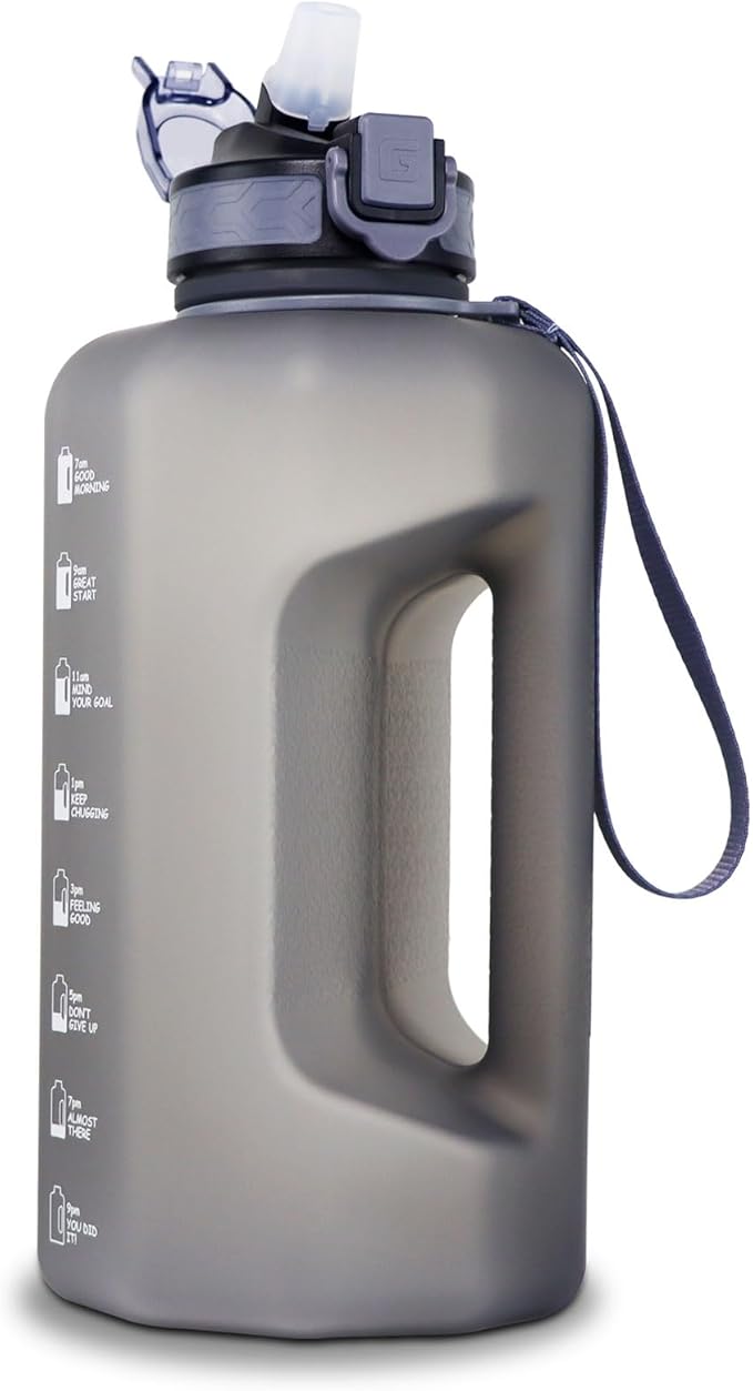 GEMFUL 74oz Motivational Water Bottle with Straw & Time Marker BPA-Free Large Water Jug for Gym Fitness Sports Leakproof with Handle (Grey)
