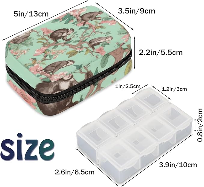 Cool Cartoon Cute Monkey Travel Pill Organizer Bag Portable Weekly Pill Box Travel Medicine Organizer 7 Day Pill Case with Zipper for Daily Travel Family Business