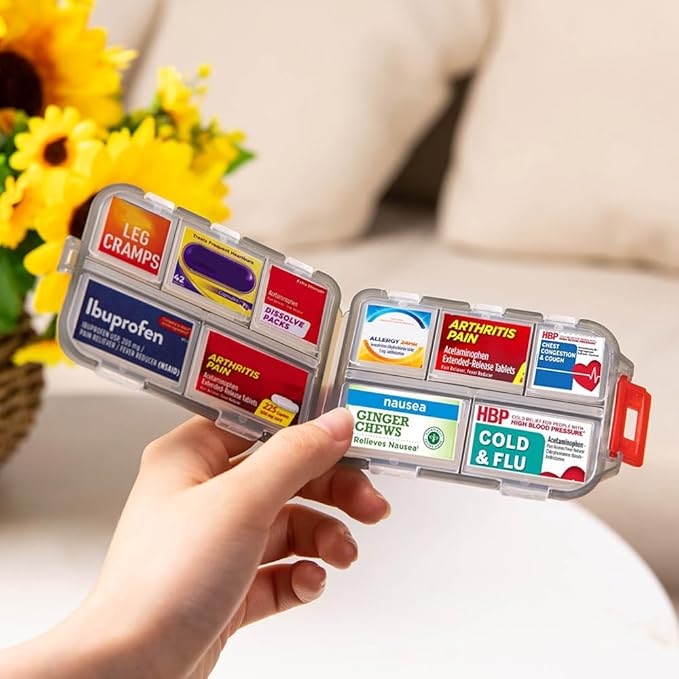 Custom Travel Pill Organizer, 10 Compartments Portable Pill Case with Medicine Labels, 5 Colors Daily Pill Box with 146 Kinds of commonly Used Medicine Name Stickers