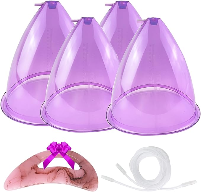 Buttock Vacuum Cups 210ML &180ML,Vacuum Therapy Cupping Machine Accessories, 9.4inch & 8.26inch XL Suction Cups for Butt Massage with Y-Hose & Gua Sha Board, 2 Pairs (Purple)