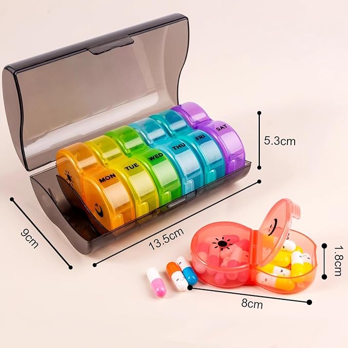 Weekly Pill Organizer 2 Time a Day，Pill Dispensers， Pill Box 7 Day with One-Side Large Opening Design for Easy Filling ，2 Times a Day AM/PM Pill Case, for Vitamins/Fish Oils (Black Color)