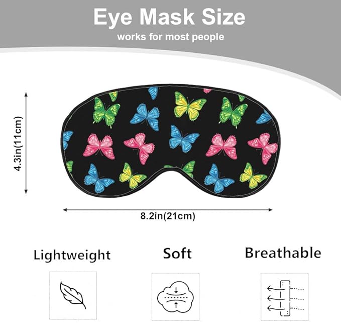 Rainbow Butterfly Sleep Mask Eye Mask Black Blue Pink Purple Butterfly Sleep Mask Light Blocking Adjustable Smooth Soft Eye Masks for Women Deep Rest Travel