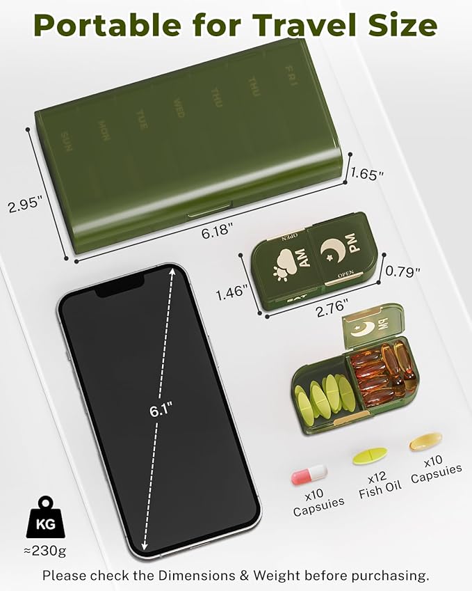 Weekly Pill Organizer 2 Times a Day, 7 Day AM/PM Pill Box, Portable Medication Dispenser with Child-Resistant Latch, BPA-Free, Travel, Office, Pets, Emergency Use (Green)