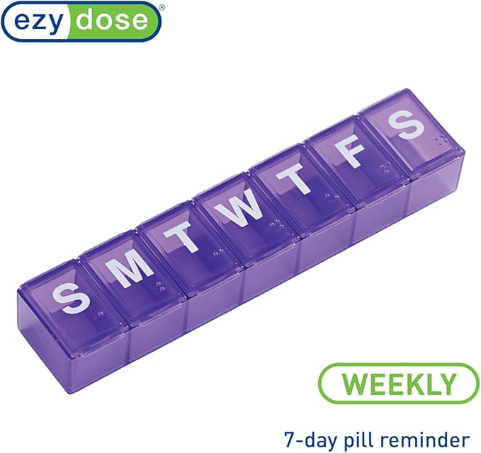 EZY DOSE Weekly (7-Day) Daily Pill Case, Medicine Planner, Vitamin Organizer, Supplement Container, Convenient and Easy to Use, Large Compartments, Travel Friendly, Color May Vary, BPA Free