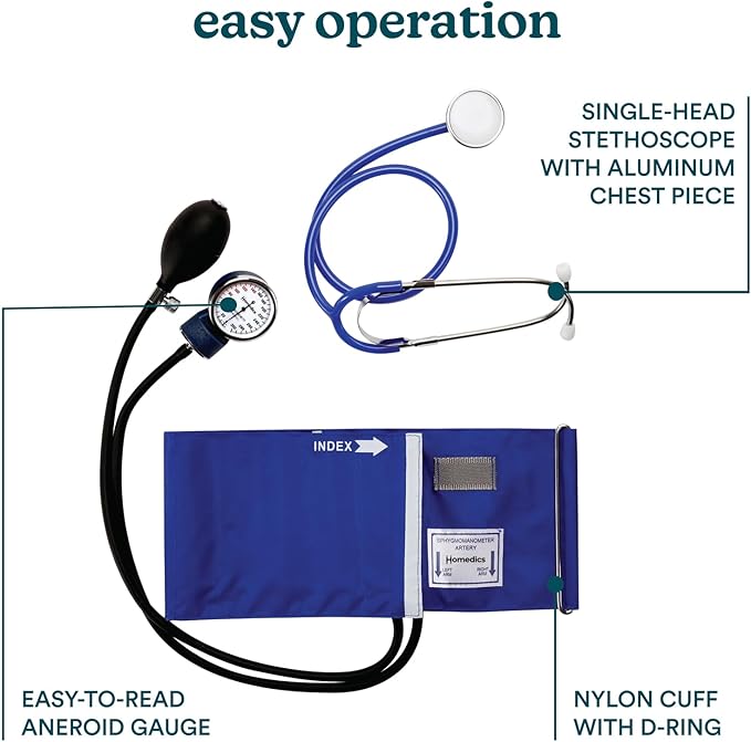 Homedics Manual Arm Blood Pressure Monitor with Stethoscope, Easy-to-Read Aneroid Gauge, Adjustable Nylon Cuff 9”-17”, D-Ring Fastener, Aluminum Chest Piece, Latex-Free