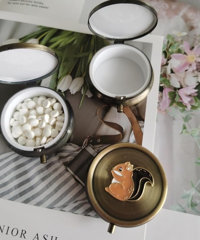 Cute Squirrel Pill Organizer Medicine Box - Small Round Portable Pill Box for Pocket, Bronze Durable Mini Pill Case for Purse, Decorative Metal Medicine Vitamin Organizer Classical Pill Holder