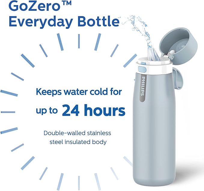 PHILIPS Water Bottle with Filter, Filter Water Bottle Stainless Steel with GoZero Everyday BPA-Free Tap Water Filter, Water Filter Bottle Keep Drink Cold 24 Hours, 3 Filters for 120 gal / 6 Months