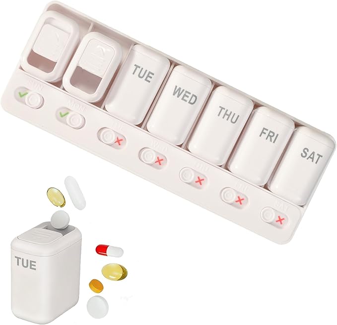 Weekly Pill Organizer 7 Day Pill Organizer one time a Day with Reminder, Detachable Travel Pill Case, Large Capacity Medicine Organizer for Vitamins, Supplements & Daily Medications (White)