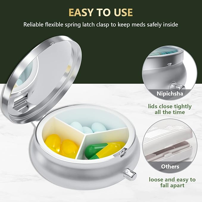 Nipichsha Pill Box, Small Pill Case for Purse & Pocket, Cute Travel Medicine Organizer, Portable Medicine Container Holder to Hold Vitamins, Medication, Fish Oil & Supplements, Teal Ocean