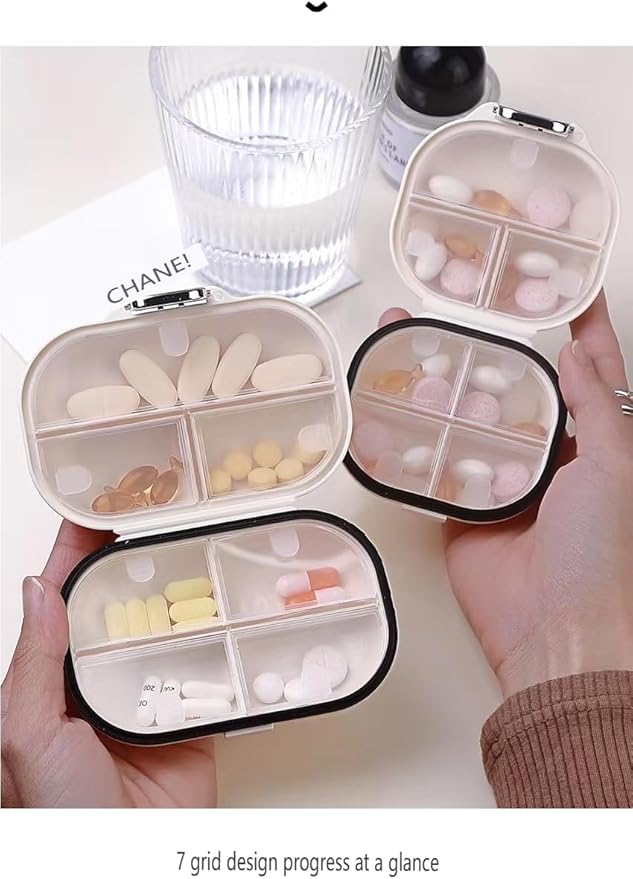 Pill Organizer Case with Carabiner, 7 Compartments,Compartmentalized Dispenser for Men and Women, Beige(Small Milk White)
