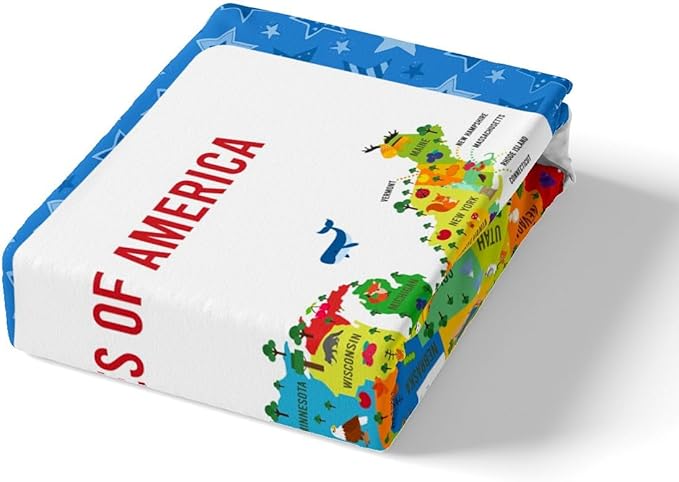 US Geography Bedding Set Queen Size, Geography USA Map Bed Sheet Set for Kids Boys Girls Teens Learning Educational Fitted Sheet Educational Map Bed Cover 3Pcs (No TOP Sheet)