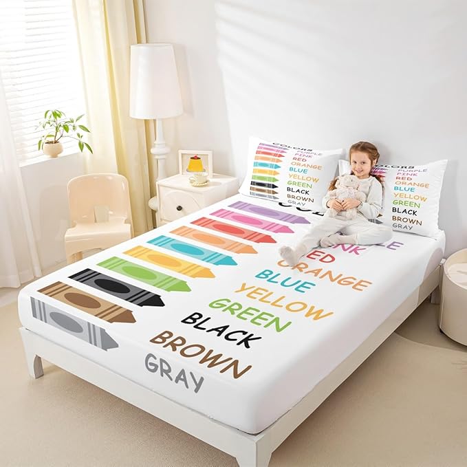 Feelyou Kids Colors Learning Bedding Set Twin Size, Educational Bed Sheet Set Boys Girls Preschool Fitted Sheet Kindergarten Teens Bedroom Decor Bed Set 2Pcs (No Flat Sheet)