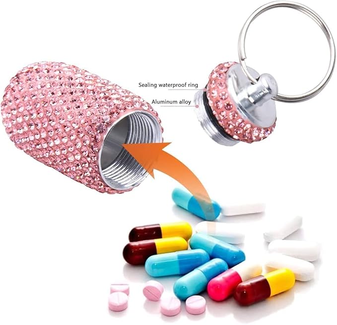 3 Count Multi-colored Aluminum Blingbling Crystals Waterproof Portable Pill Organizer Case Container Storage Box Pocket Keychain Holder for Medicine Vitamins Outdoor Camping Travel Dispenser