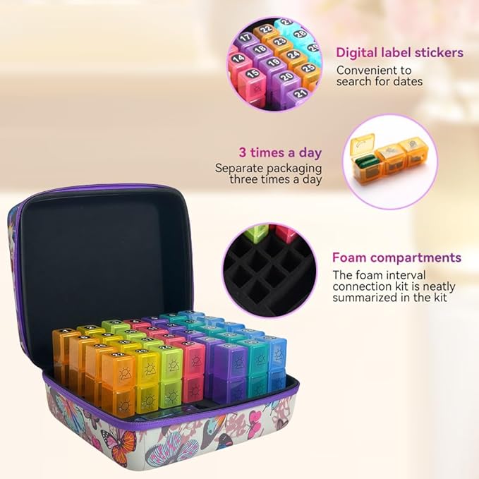 Monthly Pill Organizer, 31-Day Medicine Box with Hard Shell Case, 3 Times Daily Dosage Schedule, Plastic Rectangular Design, Includes Pill Cutter and Monthly Weekly Stickers (Butterfly)