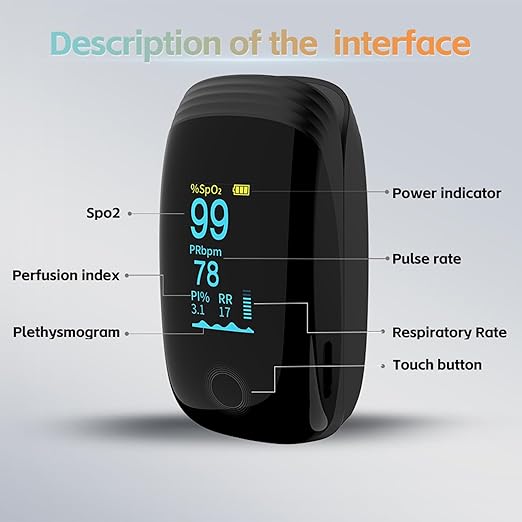 Rechargeable Pulse Oximeter Fingertip Oxygen Monitor Fingertip with SpO2 Pulse Rate and PI RR OLED Precision Fast Oximeter SpO2 Reading Outdoor Sports Home (Black)