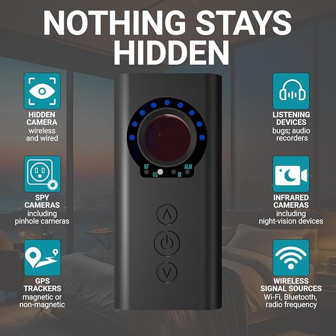 Phatom Upgraded AI Hidden Camera Detector, Anti-Spy Camera Finder RF Signal & WiFi Scanner Hidden Devices Detector for GPS Trackers, 4 Modes for Hotel, Bathroom, Office, Car Travel Security(Black)