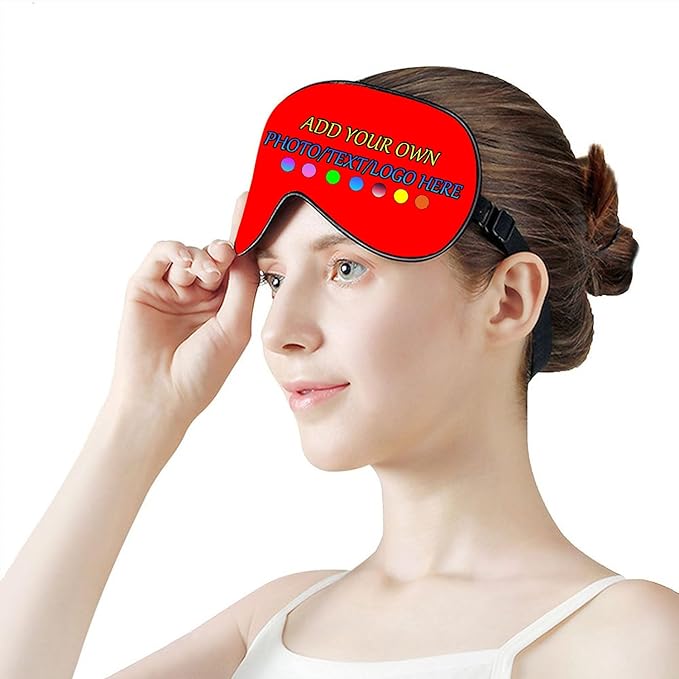 Personalized Eye Mask, Custom Eyeshade Blindfold Add Your Design Image Text Customized Eye Cover with Adjustable Strap for Sleeping Travel Work Naps Blocks Light, Bright Red