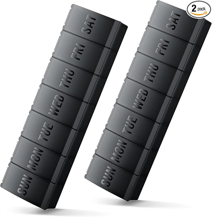 Large Pill Organizer 2 Pack, Easy-Open Weekly Pill Organizer, XL Daily Pill Organizers, 7 Day Medicine Pill Organziers, Medicine Box 7 Day for Large Vitamin Supplements (Double Black)