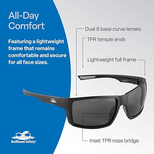 Bullhead Safety Amberjack Safety Glasses with Anti Fog and Scratch Resistant Lenses, Polycarbonate Protective Eyewear with UV Light Protection, Smoke Lenses, Matte Black Frame