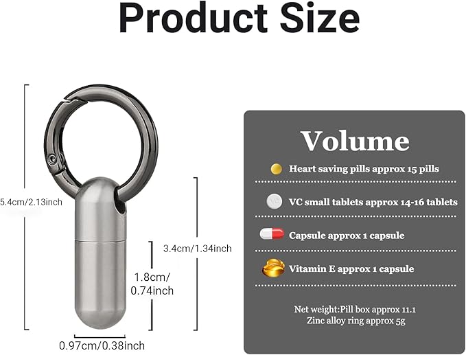 Keychain Pill Holder Mini - Titanium,Pill Case Travel Waterproof, Portable Tiny Pill Organizer for Camping and Hiking Outdoor Pill Box (Silver)