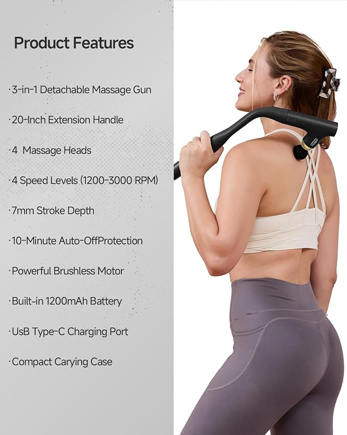 3-in-1 Massage Gun Deep Tissue with Extended Handle，Back Massager for Pain Relief, Portable Percussion Muscle Massager for Shoulder, Thigh, Waist & Neck (BlackGold)