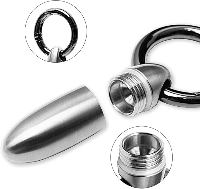 Mini Titanium Pill Holder Keychain, Waterproof EDC Pill Container Organizer for Travel, Pocket, Purse - Silver Bullet-Shaped Metal Medicine Case for Medicine & Vitamins - A 1PC
