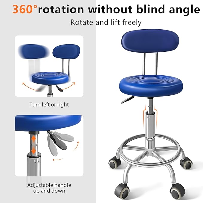 Chair with Wheels PU Leather, with Backrest, Height Adjustable, 360° Swivelling Armless Barstool with Footrest, Ideal for Pubs, Restaurants, Offices, Homes, Tattoos, Massages (Blue)