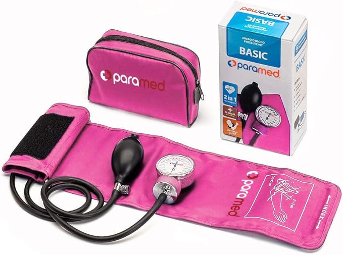 PARAMED Aneroid Sphygmomanometer – Manual Blood Pressure Cuff with Universal Cuff 8.7-16.5" and D-Ring – Carrying Case in the kit – Pink – Stethoscope Not Included