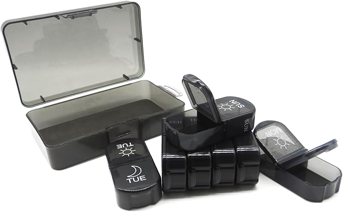 Small Pill Case, Cute Medicine Box, Travel Daily Pill Organizer Planner, 7-Day 14 Tray Portable Vitamin Container Dispenser for Purse Pocket, Capsule Holder for Fish Oils, Supplements, Black