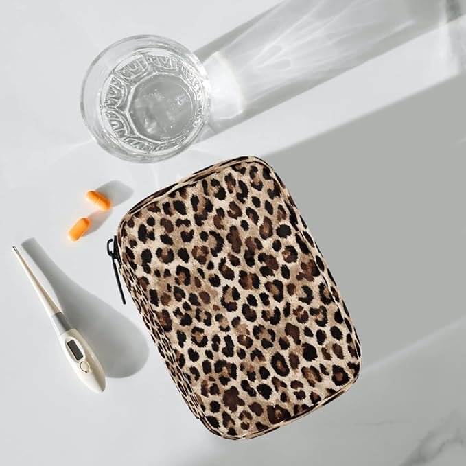 Leopard Print Cheetah Pill Case Everyday Travel, 7 Day Weekly Medicine Pill Box Compact Portable Pills Bottle Organizer with Zipper for Daily Vitamin Medicine Holder Bottle Organizers Bag