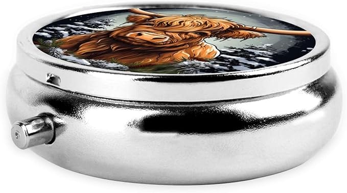 Highland Cow Fir Tree Pill Box 3 Compartment Pill Case, Portable Medicine Pill Organizer for Pocket Purse Pill Box Decorative Metal Medicine Vitamin Organizer