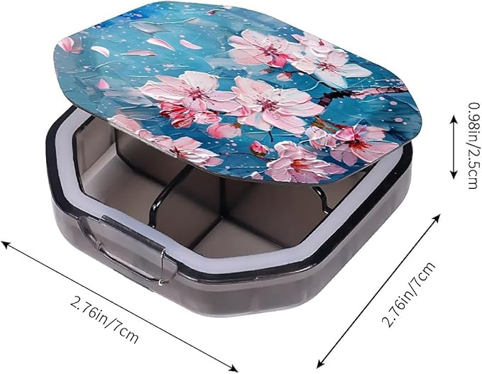 This Watercolor Style Cherry Blossom Tree Pattern 4 Compartment Pill Box Compartmentalized Pill Box Can Be Placed in A Pocket Or Wallet to Store Vitamins, Medicines Other Medications.