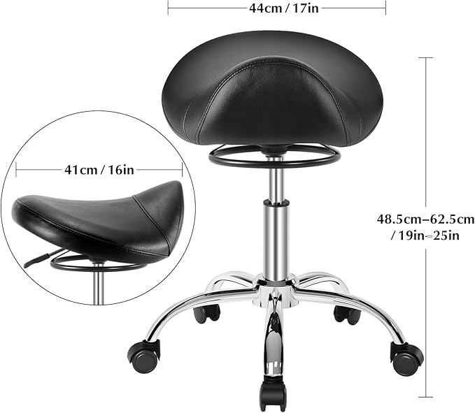 SALONFACTORY Saddle Stool with Wheels 300 lbs Weight Capacity, Heavy Duty Rolling Stool for Medical Massage Salon Kitchen Spa Drafting Nail-Tech,Height Adjustable,360 Swivel,Wide Thick Seat Padding