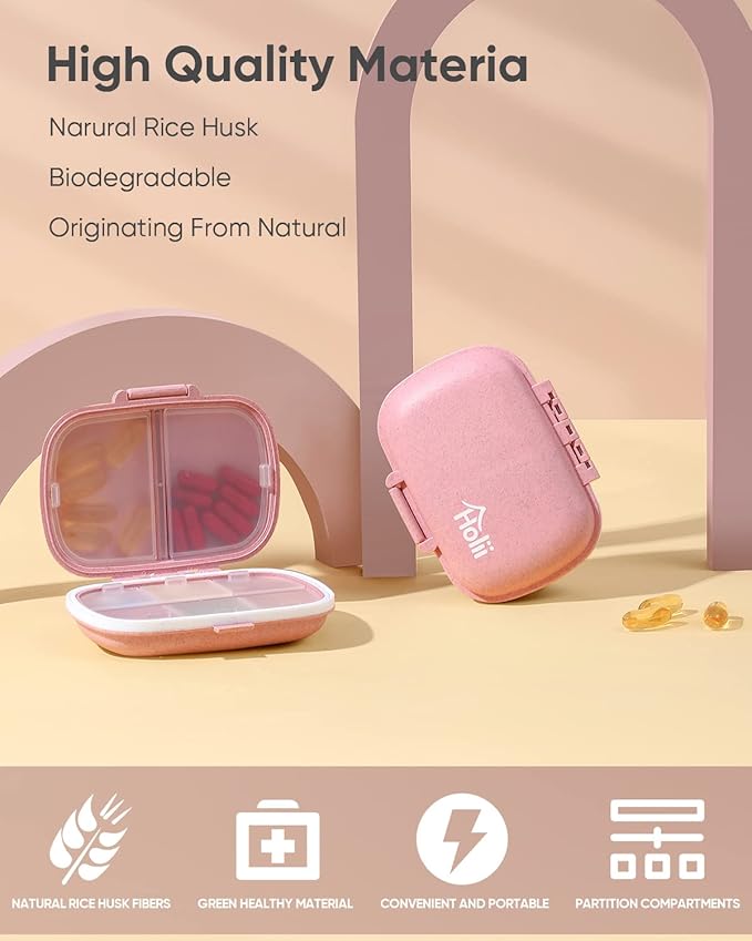 Holii 2PS 8 Compartments Travel Pill Organizer, Pocket Pharmacy for Purse Daily Pill Box Portable Medicine Organizer Vitamin Holder Container (Light Pink)