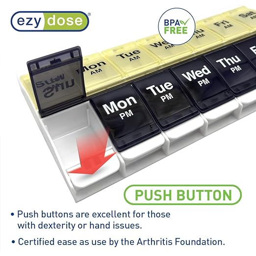 EZY DOSE Push Button (7-Day) Pill Case, Medicine Planner, Vitamin Organizer, 2 Times a Day, AM/PM Container, X-Large Compartments, Arthritis Friendly, Easy to Use, Clear Lids, Blue/Yellow, BPA Free