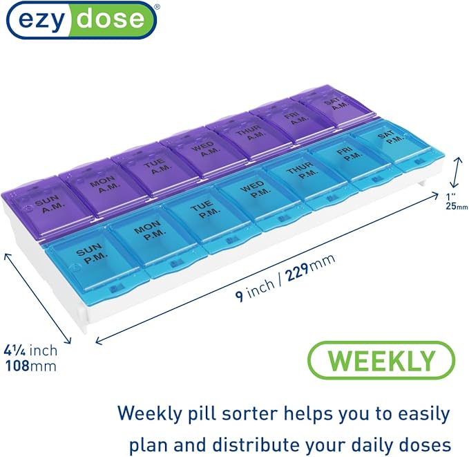 EZY DOSE Pill Organizer Weekly AM/PM (7-Day), Medicine Planner, Vitamin Case/Box, 2X-Large Locking Compartments to Secure Prescription and Prevent Accidental Spilling, Blue and Purple, BPA Free