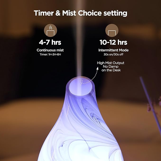 Essential Oil Diffuser, Art Glass Ultrasonic Aromatherapy Diffuser for Home 160ml with Intermittent Mist & LED 7 Colorful Changing Night Light for Bedroom-Ink Dyeing Time